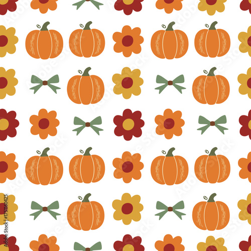A continuous pattern featuring pumpkins, flowers, and bows, perfect for pumpkin season, Halloween background, and pumpkin texture