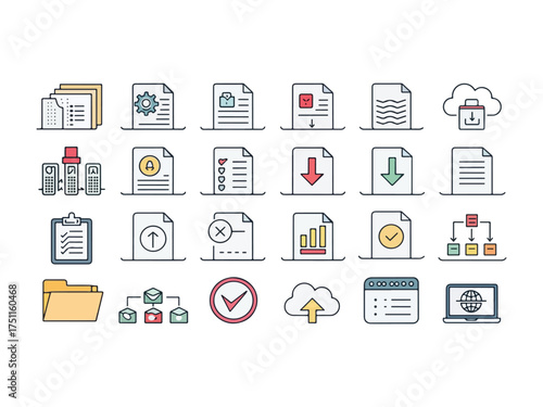 Collection of colorful file document icons representing various data management and information technology concepts for business and web design