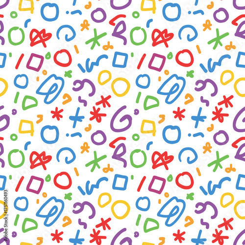 A simple, childlike hand‑drawn seamless pattern with a random, colorful scribble backdrop, creating a fun, abstract background in doodle style