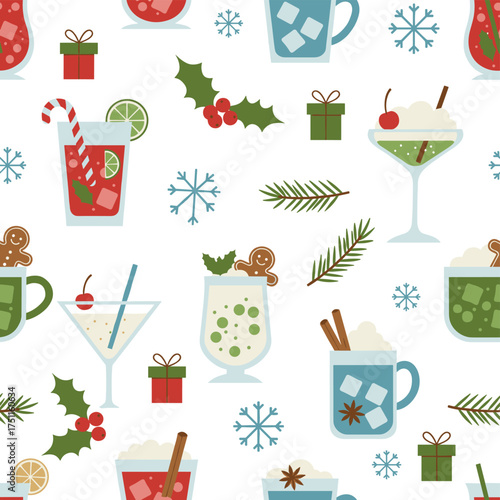A seamless pattern featuring cocktails, designed for holiday parties, showcasing winter holiday drinks and Christmas-themed cocktails