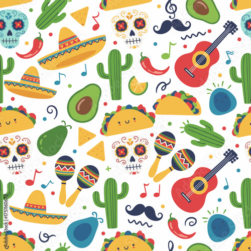 Vibrant Mexican music pattern featuring skulls, sombrero, mustache, maracas, guitar, taco, nachos, avocado, cactus, and chili pepper against a vector background—Mexican design
