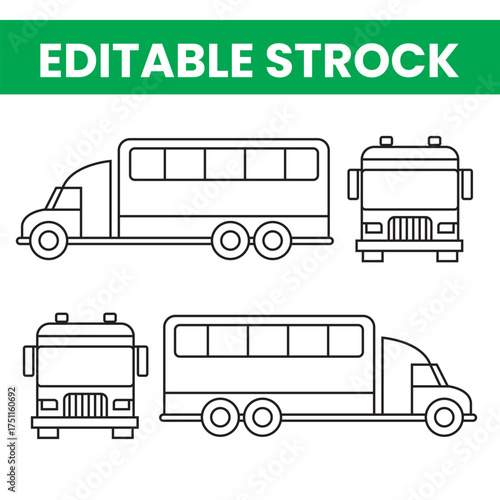 Line art drawing of a school bus from three different views side front and back