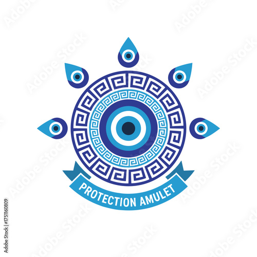 Greek meander and Turkish evil eye, a mandala Greek evil eye, symbol of protection in Turkey, Greece, Cyprus; blue Turkish Fatima's Eye, an amulet from the evil eye, known as Nazar, a magical item