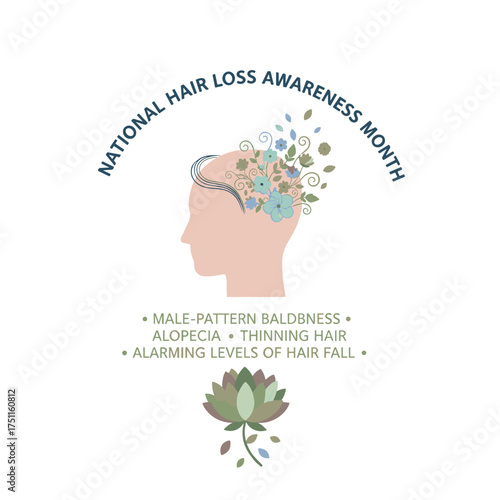 During National Hair Loss Awareness Month, male-pattern baldness, alopecia, thinning hair, and alarming hair loss are highlighted, illustrated with a floral concept