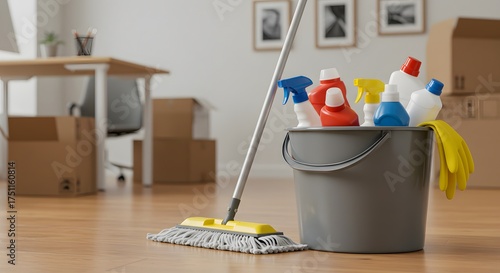 Cleaning Supplies in a Bucket Ready for Home Maintenance on a Wooden Floor