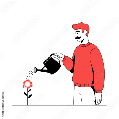 Man watering a single flower with a watering can