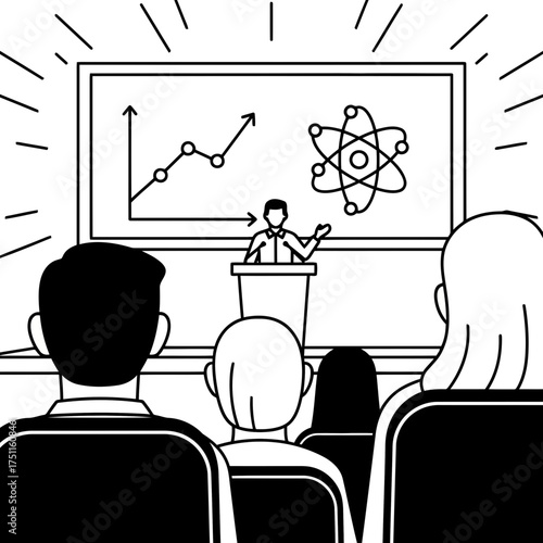 A presenter stands at a podium in front of a screen displaying a graph and an atomic model, with an audience watching