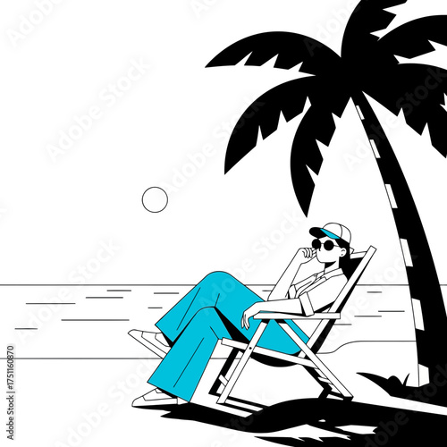 A person wearing a cap and sunglasses relaxes in a beach chair under a palm tree, enjoying a sunny day by the ocean