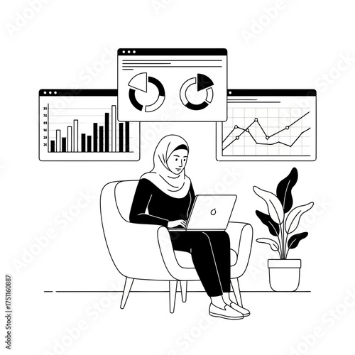 A woman wearing a hijab sits in a chair with a laptop, surrounded by charts and graphs representing data analysis and business growth