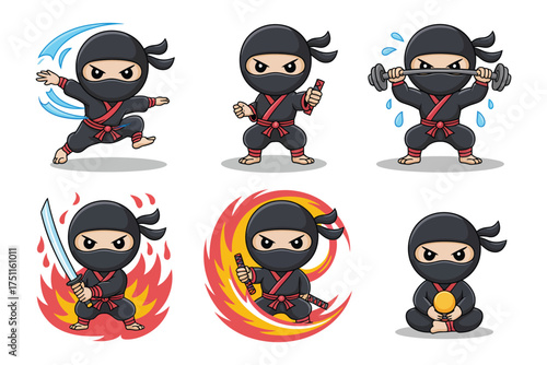 Ninja cartoon collection in various action poses, dynamic vector illustration
