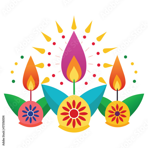 Diwali Fireworks with Glowing Diyas and Mandala Patterns on White Background