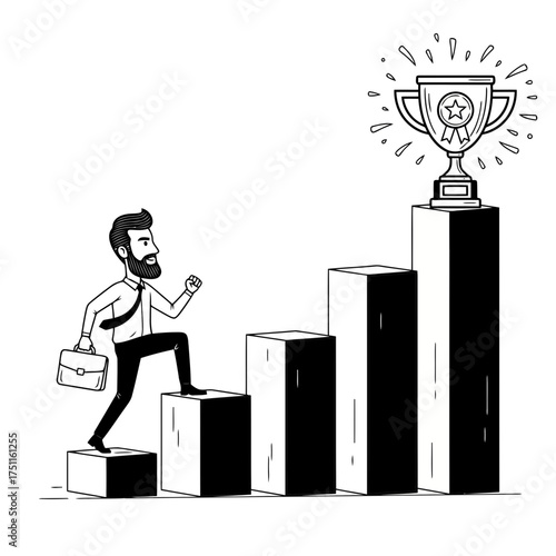 Bearded businessman with briefcase climbs stairs on a bar graph towards a shining trophy, symbolizing career growth and success