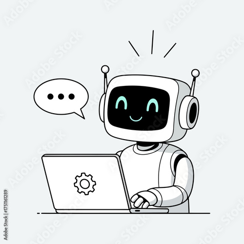 Cute cartoon robot with a happy face working on a laptop, with a speech bubble indicating communication