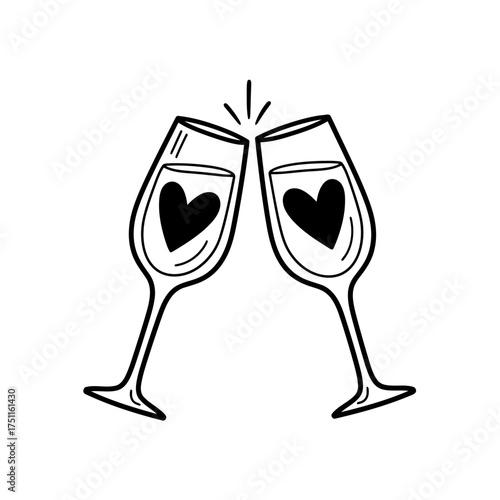 Two champagne glasses with hearts inside clinking together