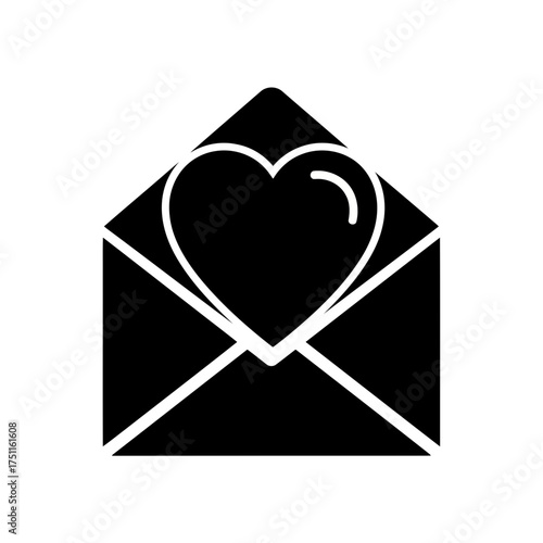 Black silhouette of an open envelope with a white heart symbol inside, symbolizing love letter or message of affection, isolated on a