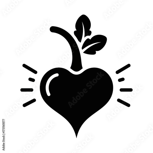 Black silhouette of a heartshaped beet with leaves and radiating lines