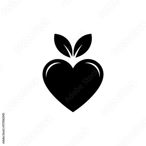 Black heart icon with two green leaves on top, representing love, health, and nature