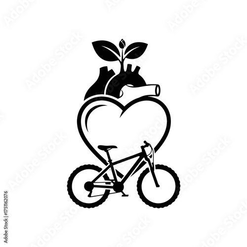 Heart shape with bicycle and plant growing from it, symbolizing healthy lifestyle and love for nature