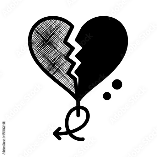 A stylized, broken heart illustration with a jagged crack, , symbolizing heartbreak and sadness
