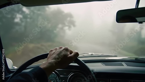 A man's hand grips the steering wheel of a vintage car as it drives through a dense foggy forest road with blurred trees and a winding path