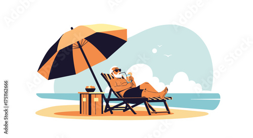 An elderly man relaxing on a beach chair under a sun umbrella enjoying a drink and a snack.
