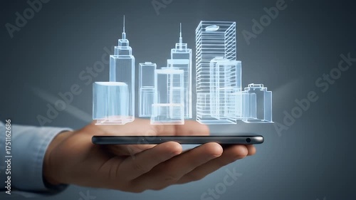 Abstract Futuristic Cityscape Hologram Projected from a Smartphone Held in a Hand with a Blue Hue and Soft Focus Background Presenting Technological