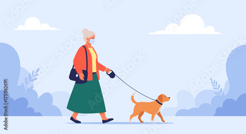 An elderly woman wearing a face mask walks her dog on a leash in a park.