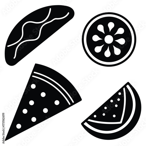 Minimalist Taco, Pizza Slice, and Hotdog Icons Vector on White Background