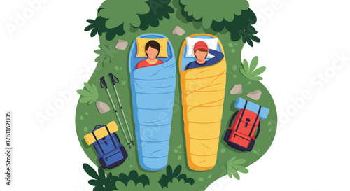 Two people sleeping peacefully in colorful sleeping bags outdoors surrounded by nature and camping gear.
