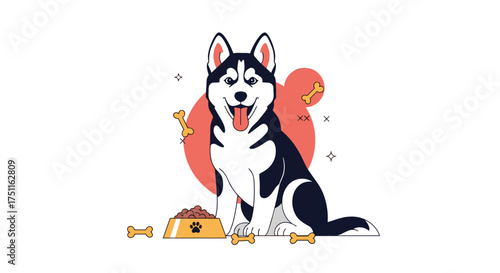 A happy husky dog sitting next to a bowl of dog food with bones around it.