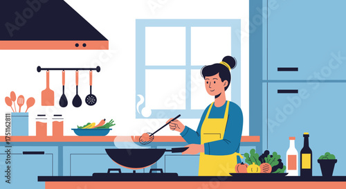 A woman is happily cooking a delicious meal in her modern kitchen.