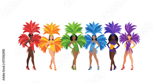 A vibrant group of dancers in colorful feathered costumes celebrate diversity and unity during a festival.