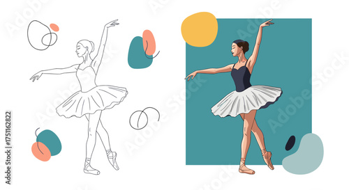 Elegant ballerina performing a graceful dance pose with artistic abstract shapes.