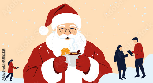 Santa Claus enjoying a warm cup of mulled wine on a snowy winter day with people around.