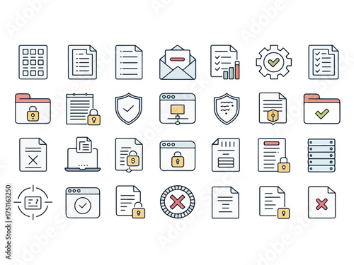 Collection of Data Security and Document Management Icons for Website or Application Interface Design showing Protection and Access Control