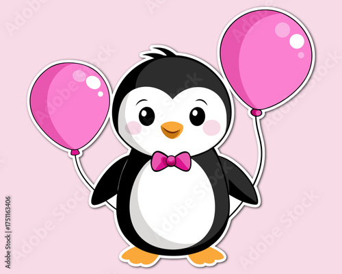 Cute Cartoon Penguin with Pink Bowtie Holding Two Pink Balloons on a Pink Background