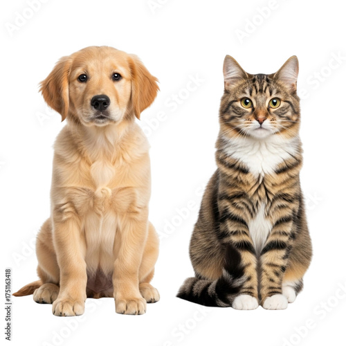 Adorable golden retriever puppy and tabby cat sitting side by side
