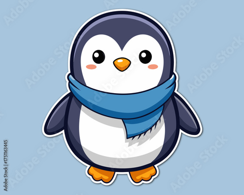Cute Cartoon Penguin with Blue Scarf on Light Blue Background Winter Illustration charming cartoon