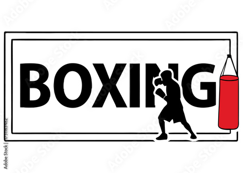 Boxing Graphic with Silhouette Boxer Punching Bag and Bold Text Inside a Rectangular Frame