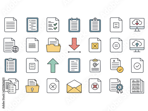 Collection of Document and File Icons for Business and Data Management Applications depicting various actions and types