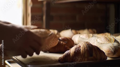 Artisan baker hands arranging freshly baked golden brown croissants and rustic sourdough loaves on a metal baking tray near a window with soft