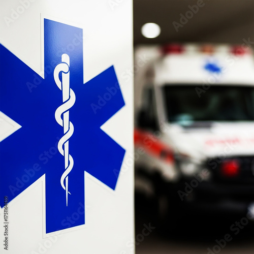 EMS Star of Life Symbol with Ambulance in Background
