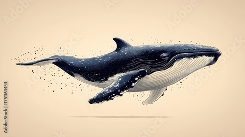 A humpback whale swimming, depicted in a stylized, almost dissolving manner against a beige background.