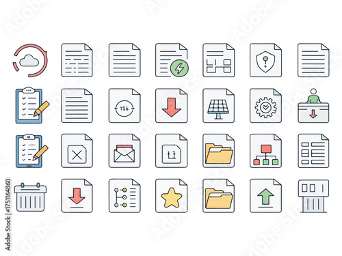 Collection of file and document icons representing various file operations and types symbolizing data management and information processing on a white background