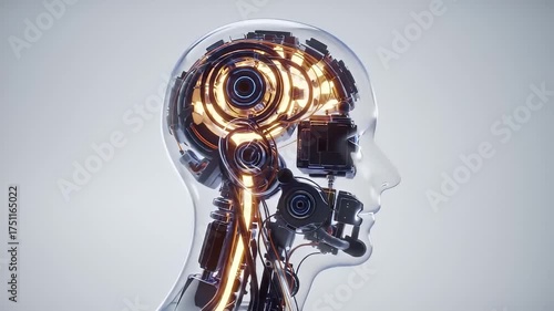 Close up 3D render of a transparent humanoid robot head revealing intricate internal circuitry and glowing golden neural network pathways in a clean