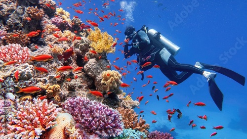 Scuba diver with underwater camera filming  beautiful coral reef with diversity of hard corals and fish.