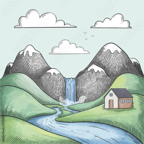 Cartoon vector illustration of a rural landscape with houses, trees, and hills under a summer sky