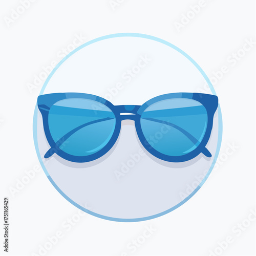 Vibrant blue-tinted sunglasses icon within a crisp white circular frame for summer