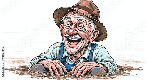 Happy Elderly Farmer Emerging from Ground, Smiling Joyfully with Brown Hat and Overalls