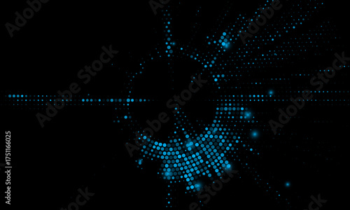 Digital circles of blue glowing dots. Information particles in a neural network. Big data visualization into cyberspace. Vector illustration.